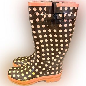 VTG GROOVE Brown & Pink Polka Dot RUBBER RAIN BOOT SZ:7 SNOW GARDEN GALOSHES